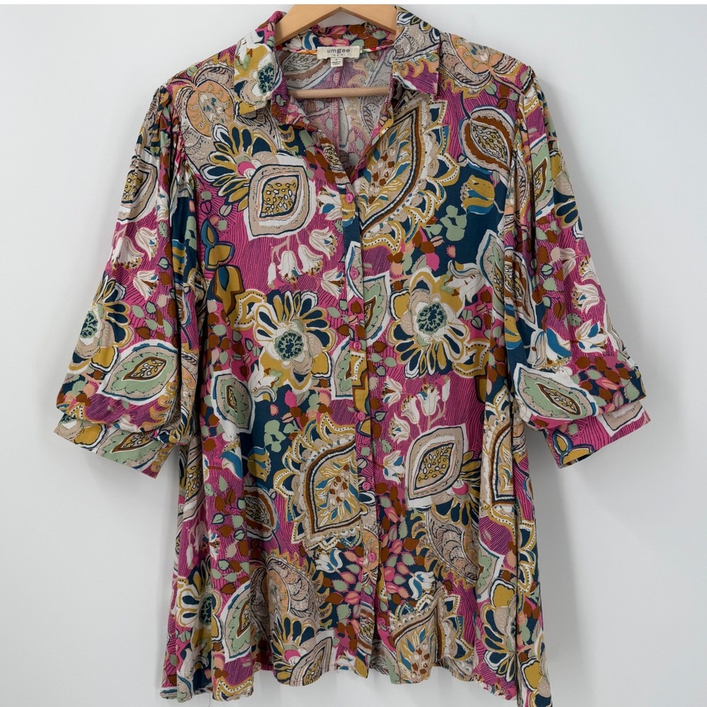 Umgee USA Pink Paisley Floral Button Down Tunic Top 3/4 Puff Sleeve B8517 Small